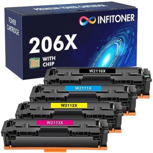 206a 206x toner cartridges 4 pack high yield (with chip) compatible replacement for hp 206x 206a w2110x w2110a color pro mfp m283fdw m255dw m283cdw m283 m255 printer ink (black cyan yellow magenta)