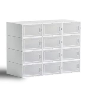 vonikku 12 pack shoe storage boxes, clear plastic shoe containers bins with lids, stackable foldable drop front space saving shoe organizer boxes for closet, bedroom, bathroom (white)