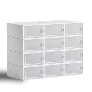 VONIKKU 12 Pack Shoe Storage Boxes, Clear Plastic Shoe Containers Bins with Lids, Stackable Foldable Drop Front Space Saving Shoe Organizer boxes for Closet, Bedroom, Bathroom (White)