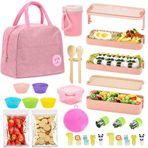 jsvsltd 28pcs bento lunch box kit, 3 layer stackable leakproof lunch container for office work picnic (pink)