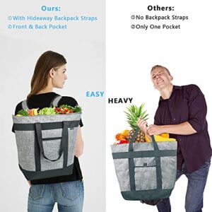 Large Insulated Grocery Bags Cooler Bag, 2 in 1 Cooler Tote/Cooler Backpack, Leak-Proof Soft Cooler Bag for Food Delivery, Grocery Shopping, Travel, Beach, Camping & Outdoor Activities (Grey)