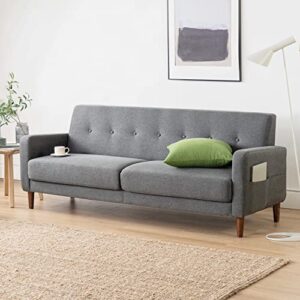 mellow adair mid-century modern sofa couch with armrest pockets, tufted linen fabric, dark heather grey