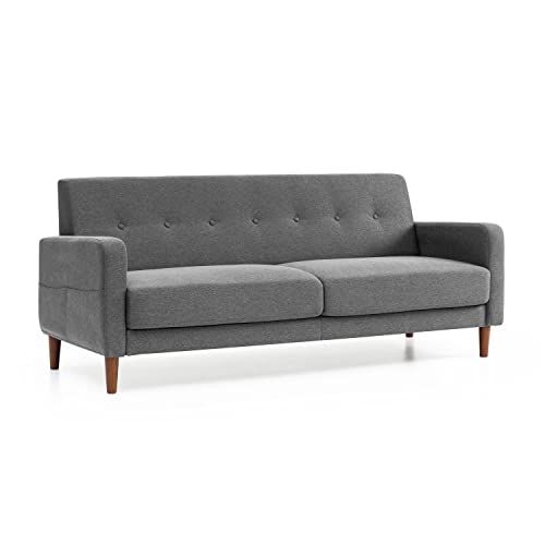 Mellow Adair Mid-Century Modern Sofa Couch with Armrest Pockets, Tufted Linen Fabric, Dark Heather Grey