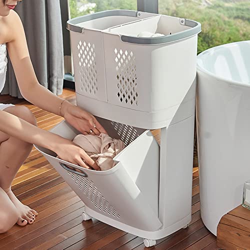 AKaSping Laundry Basket with Wheels 2 Tier Plastic Rolling Laundry Basket Organizer 3 Section White Mesh Clothes Storage Basket for Bathroom Living Room Bedroom Nursery Kitchen