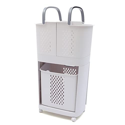 AKaSping Laundry Basket with Wheels 2 Tier Plastic Rolling Laundry Basket Organizer 3 Section White Mesh Clothes Storage Basket for Bathroom Living Room Bedroom Nursery Kitchen