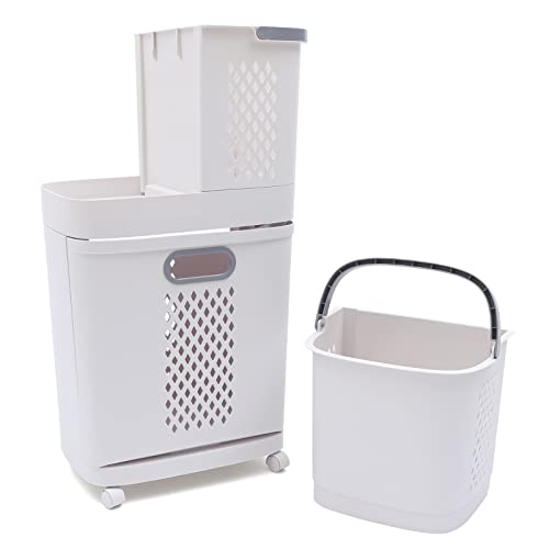 AKaSping Laundry Basket with Wheels 2 Tier Plastic Rolling Laundry Basket Organizer 3 Section White Mesh Clothes Storage Basket for Bathroom Living Room Bedroom Nursery Kitchen