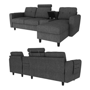 HONBAY Convertible Sectional Couch L Shape Sofa with Chaise Modern Fabric Sectional Sofa with Cup Holders L Shaped Couch for Living Room, Dark Grey