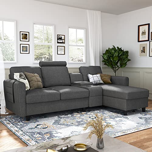 HONBAY Convertible Sectional Couch L Shape Sofa with Chaise Modern Fabric Sectional Sofa with Cup Holders L Shaped Couch for Living Room, Dark Grey