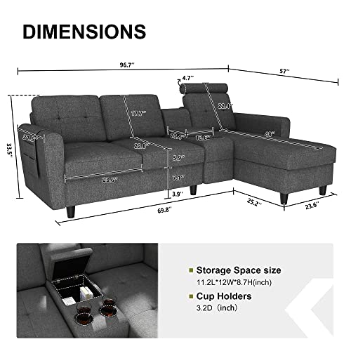 HONBAY Convertible Sectional Couch L Shape Sofa with Chaise Modern Fabric Sectional Sofa with Cup Holders L Shaped Couch for Living Room, Dark Grey