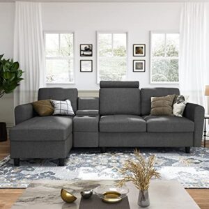 HONBAY Convertible Sectional Couch L Shape Sofa with Chaise Modern Fabric Sectional Sofa with Cup Holders L Shaped Couch for Living Room, Dark Grey