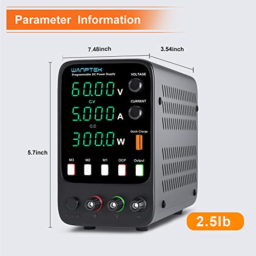 DC Power Supply Variable, 60V 5A Bench Power Supply with Memories, Output Switch, Adjustable Switching Regulated Power Supply with 4-Digits Display, Encoder Adjustment Knob