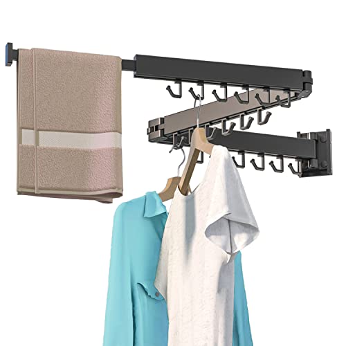 BONYCUST 3 Fold Retractable Clothes Drying Rack, Wall Mounted Clothes Hanger Collapsible for Balcony, Bathroom, Patio,Laundry (Black)