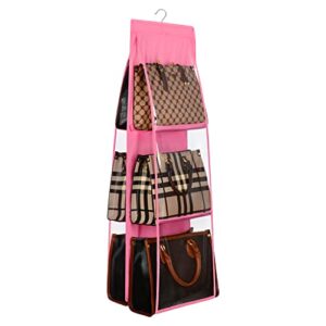 lirex handbag hanging organizer, 6 pockets foldable hanging purse organizer oxford cloth handbag storage hanger universal fit closet organizer for family closet bedroom, pink