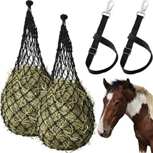 4 pcs slow feed hay feeder for horses, 2 x 2 holes 40 inch length goat feed hay net adjustable nylon hanging strap hay bags for horses feed, trailer and stall, reduce waste, black