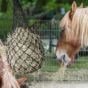 4 Pcs Slow Feed Hay Feeder for Horses, 2 x 2 Holes 40 Inch Length Goat Feed Hay Net Adjustable Nylon Hanging Strap Hay Bags for Horses Feed, Trailer and Stall, Reduce Waste, Black