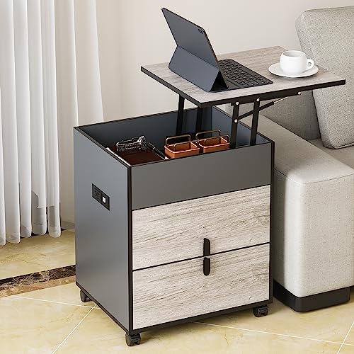 HNEBC Nightstand with Charging Station, Lift Top Table with 2 Outlets and 2 USB Ports, Bedside Table with 2 Drawers, End Table Night Stand with Hidden Storage, Side Table for Bedroom/Closet/Dorm,Wood