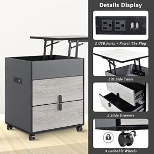 HNEBC Nightstand with Charging Station, Lift Top Table with 2 Outlets and 2 USB Ports, Bedside Table with 2 Drawers, End Table Night Stand with Hidden Storage, Side Table for Bedroom/Closet/Dorm,Wood