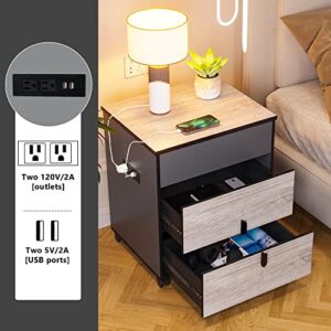 HNEBC Nightstand with Charging Station, Lift Top Table with 2 Outlets and 2 USB Ports, Bedside Table with 2 Drawers, End Table Night Stand with Hidden Storage, Side Table for Bedroom/Closet/Dorm,Wood