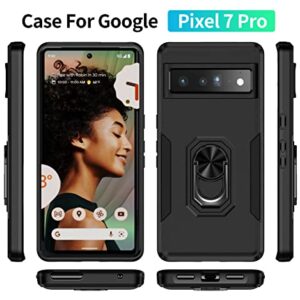 Niecase for Google Pixel 7 Pro 5G Case with Screen Protector & Camera Lens Protector, Heavy Duty Shockproof Protective Phone Cover, Built in 360° Rotatable Magnetic Ring Holder for 7 Pro (Black)