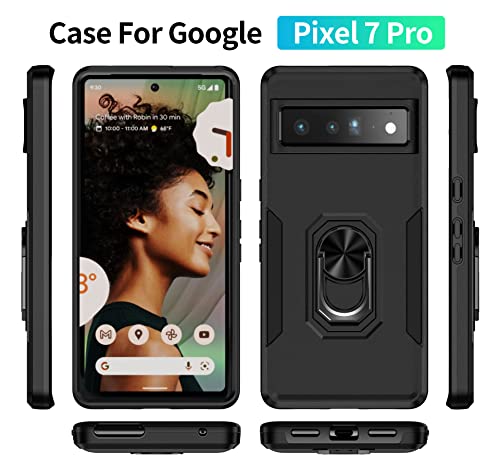 Niecase for Google Pixel 7 Pro 5G Case with Screen Protector & Camera Lens Protector, Heavy Duty Shockproof Protective Phone Cover, Built in 360° Rotatable Magnetic Ring Holder for 7 Pro (Black)