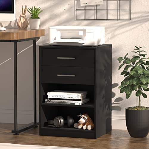 Irontar Nightstands Set of 2, Night Stand with Charging Station, Bedside Table with Removable Shelf, End Table with Open Storage, 2 Drawers Small Dresser for Bedroom, Black BZZ001BE02