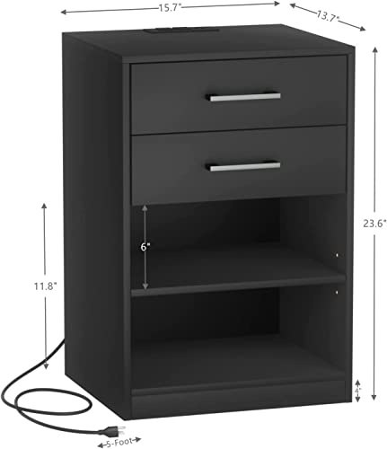 Irontar Nightstands Set of 2, Night Stand with Charging Station, Bedside Table with Removable Shelf, End Table with Open Storage, 2 Drawers Small Dresser for Bedroom, Black BZZ001BE02