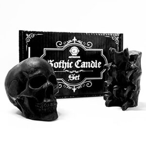 astrocus gothic candle set - black skull candle - spine candle - gothic halloween decor interior - black gothic candle - horror decor - spooky bathroom decor - black candle