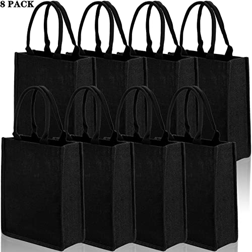 DEAYOU 8 Pack Jute Burlap Tote Bag, Burlap Gift Bag with Handle, Jute Beach Tote Laminated Interior, Reusable Lined Grocery Shopping Bag for Bridesmaid, DIY, Wedding,9.8''x11.8''x3.9'', Black