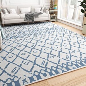 Washable Boho Blue Area Rug - 5x7 Feet Modern Carpet with Non-Slip Backing Neutral Room Decor for Living Room Bedroom Playroom Entryway Entrance Indoor