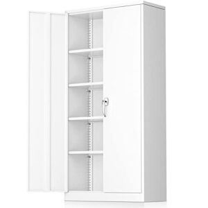 greenvelly metal locking storage cabinet, 72" with doors and 4 shelves, large steel tall lockable tool, office cabinet with lock and 2 keys for home, laundry room, white