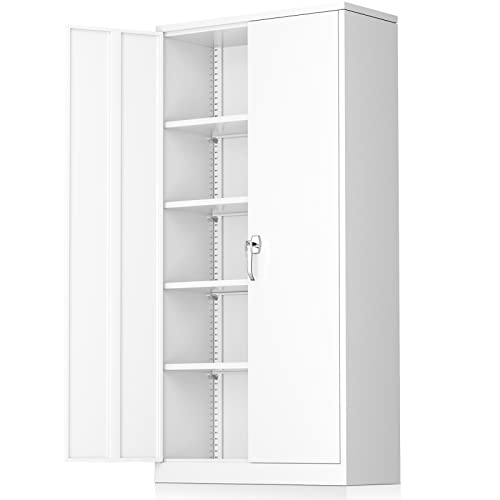 Greenvelly Metal Locking Storage Cabinet, 72" with Doors and 4 Shelves, Large Steel Tall Lockable Tool, Office Cabinet with Lock and 2 Keys for Home, Laundry Room, White