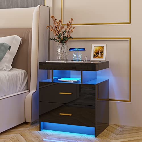 HNEBC Auto LED Nightstand with Wireless Charging Station & USB Ports,High Gloss Bedside Tables with 2 Drawers,Floating Nightstand with 3 Color & Adjustable Brightness Embedded LED Light