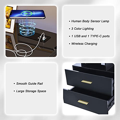 HNEBC Auto LED Nightstand with Wireless Charging Station & USB Ports,High Gloss Bedside Tables with 2 Drawers,Floating Nightstand with 3 Color & Adjustable Brightness Embedded LED Light