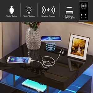 HNEBC Auto LED Nightstand with Wireless Charging Station & USB Ports,High Gloss Bedside Tables with 2 Drawers,Floating Nightstand with 3 Color & Adjustable Brightness Embedded LED Light