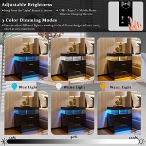 HNEBC Auto LED Nightstand with Wireless Charging Station & USB Ports,High Gloss Bedside Tables with 2 Drawers,Floating Nightstand with 3 Color & Adjustable Brightness Embedded LED Light