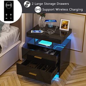 HNEBC Auto LED Nightstand with Wireless Charging Station & USB Ports,High Gloss Bedside Tables with 2 Drawers,Floating Nightstand with 3 Color & Adjustable Brightness Embedded LED Light