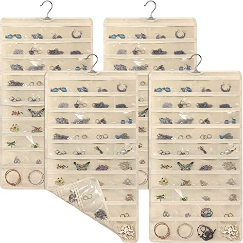 4 Pcs Hanging Jewelry Organizer with 80 Pockets Earring Storage Organizer Dual Sided Earring Holder Organizer Necklace Hanger Closet for Bracelet, Necklace, Ring, Knitting Tool, Accessories, Beige