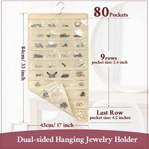 4 Pcs Hanging Jewelry Organizer with 80 Pockets Earring Storage Organizer Dual Sided Earring Holder Organizer Necklace Hanger Closet for Bracelet, Necklace, Ring, Knitting Tool, Accessories, Beige