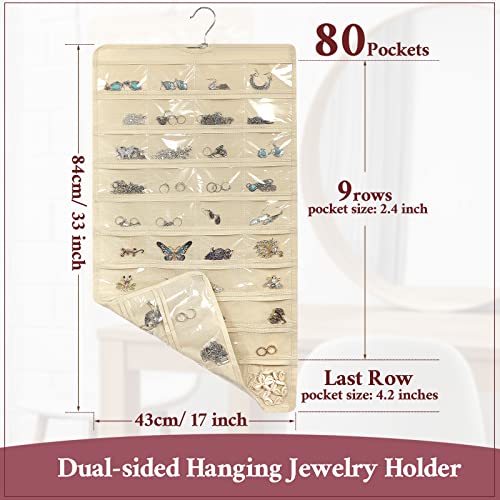 4 Pcs Hanging Jewelry Organizer with 80 Pockets Earring Storage Organizer Dual Sided Earring Holder Organizer Necklace Hanger Closet for Bracelet, Necklace, Ring, Knitting Tool, Accessories, Beige