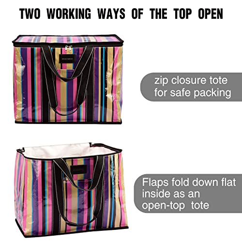 DEMOMENT Large Reusable Grocery Durable Shopping Zip Closure Tote Bag For Kitchen Supermarket Camping Beach Clothes Storage Carrier (Rainbow)