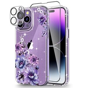 okp case [3 in 1] for iphone 14 pro, with screen protector & camera lens protector, floral slim shockproof cute phone case 6.1 inch 2022 clear glitter protective cover for women girl, (purple/01)