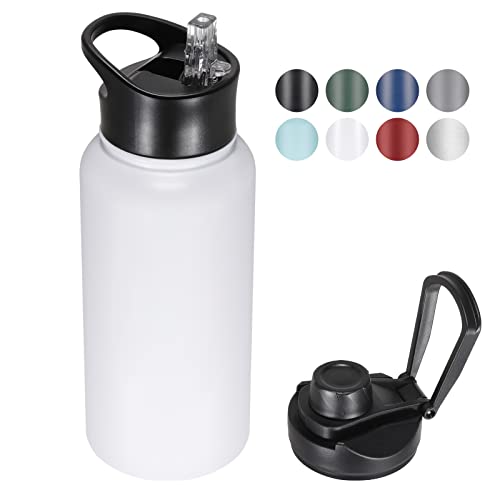 VQRRCKI 32 Oz Insulated Water Bottle with Straw Lid & Wide Mouth Lids, Stainless Steel Sports Water Bottles, Double Walled Vacuum, Leak Proof, White