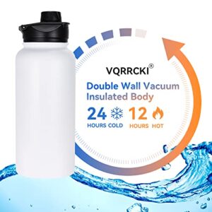 VQRRCKI 32 Oz Insulated Water Bottle with Straw Lid & Wide Mouth Lids, Stainless Steel Sports Water Bottles, Double Walled Vacuum, Leak Proof, White