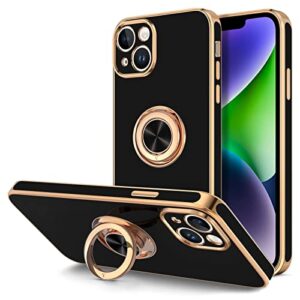 hython case for iphone 14 plus case with ring stand [360° rotatable ring holder magnetic kickstand] [support car mount] plated gold edge soft tpu luxury shockproof protective phone case cover, black