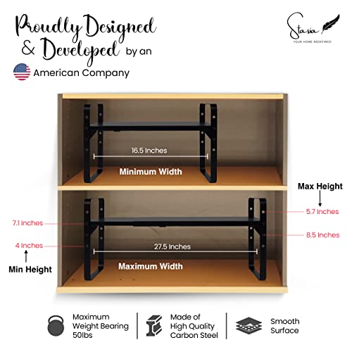 Expandable Kitchen Cabinet Shelf Organizers - Adjustable Height & Width Shelf Riser - Stackable Shelves - Pantry Shelf Organizer Rack - Cupboard Cabinet Storage Shelf Rack - Countertop Organizer