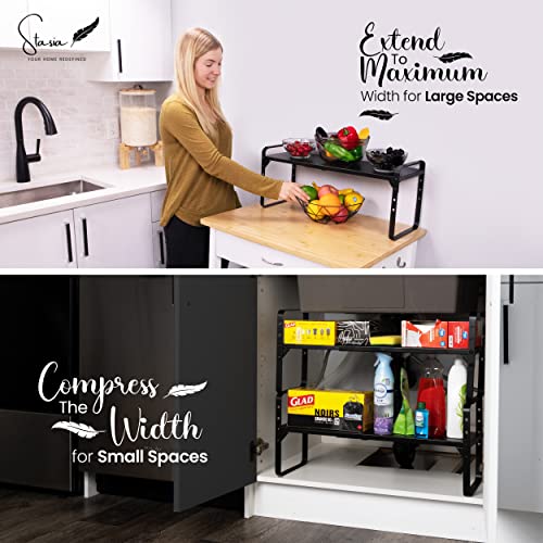 Expandable Kitchen Cabinet Shelf Organizers - Adjustable Height & Width Shelf Riser - Stackable Shelves - Pantry Shelf Organizer Rack - Cupboard Cabinet Storage Shelf Rack - Countertop Organizer