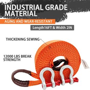 Heavy Duty Tow Straps Recovery Kit, 2" x 16ft Recovery Strap with 12000 lbs Break Strength, Heavy Duty Tow Rope D-Ring Shackles for Towing Vehicles, Boats(Orange)