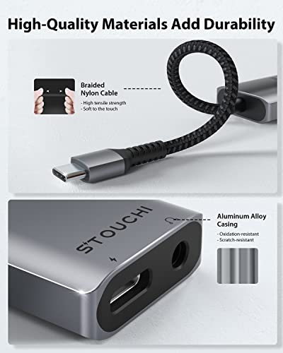 Stouchi USB C to 3.5mm Headphone and Charger Adapter, 2 in 1 USB C to Aux Audio Jack with 30W Fast Charging, Hi-Fi Dongle Compatible with iPhone 15, iPad, Pixel 7/6A/6, Samsung Galaxy S22 S21 Note 20