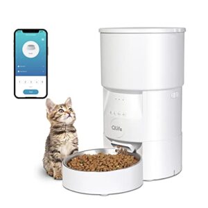 qlife automatic cat dog feeder: dry food dispenser for dog, auto pet feeder, portion control automatic dog feeder (white wifi, 3l)