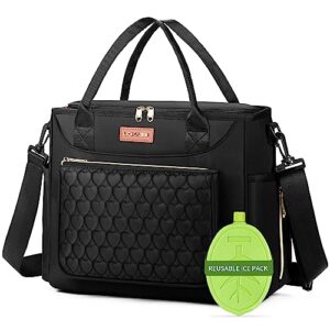lokass lunch box - lunch bag women insulated lunch box for women teacher nurse tote bag for work picnic or travel removable shoulder strap side pocket - black